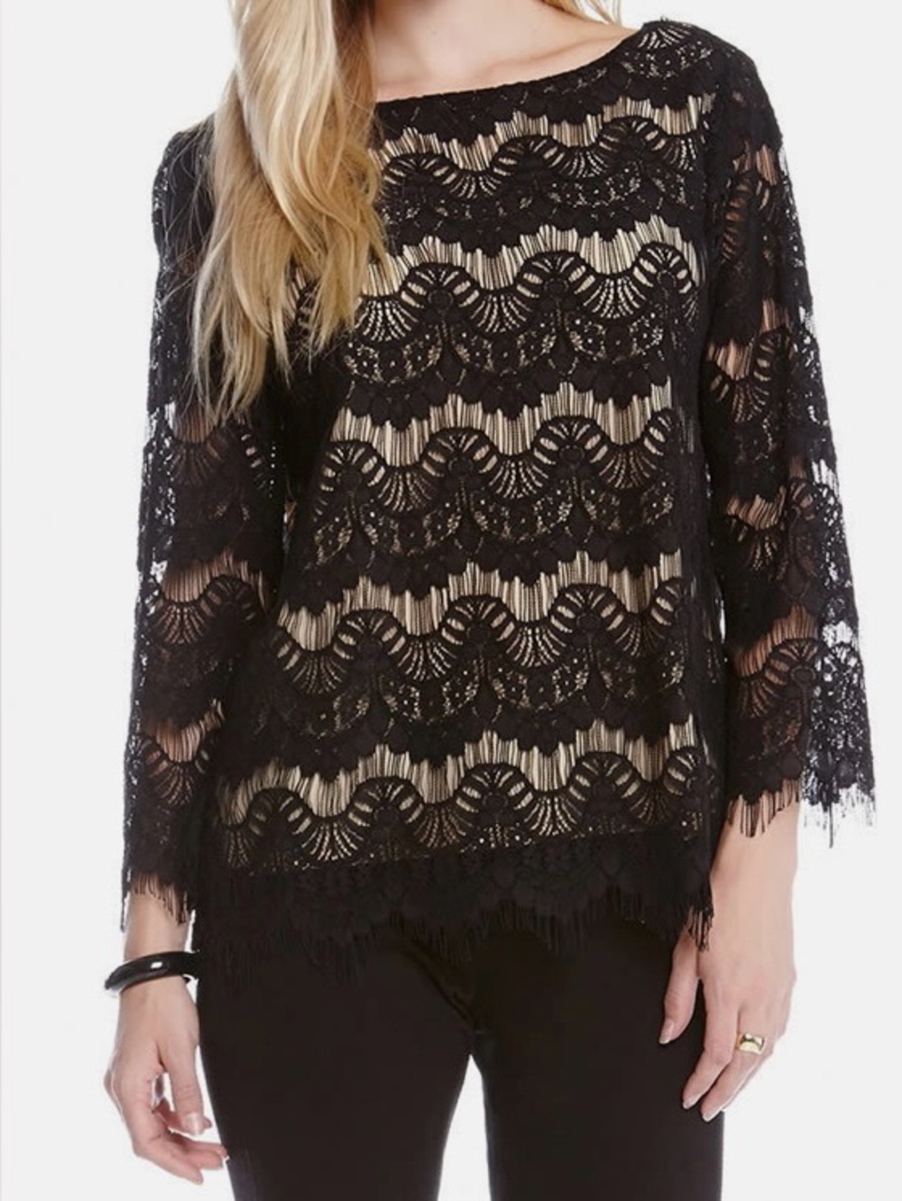 Karen Kane Black Lace Overlay Boatneck Blouse